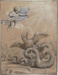 Design with an Eagle Fighting with a Serpent and a Putto in the Sky Holding an Inscribed Banner. MET 54.650