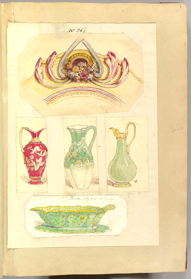Designs for an Pierced Border Ornament, Three Pitchers and an Open Basin (recto); Design for a Candle Stick (verso) MET DP827464