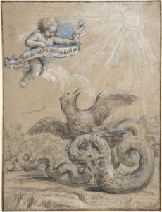 Design with an Eagle Fighting with a Serpent and a Putto in the Sky Holding an Inscribed Banner. MET DP809203