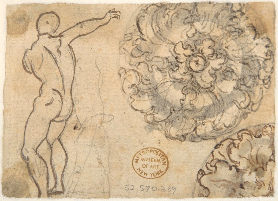 Designs for a Palmette Motif with Tendrils (recto); studies for a Male Figure and Decorative Sculpture (verso) MET DP809604