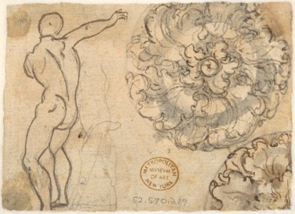 Designs for a Palmette Motif with Tendrils (recto); studies for a Male Figure and Decorative Sculpture (verso) MET DP809604