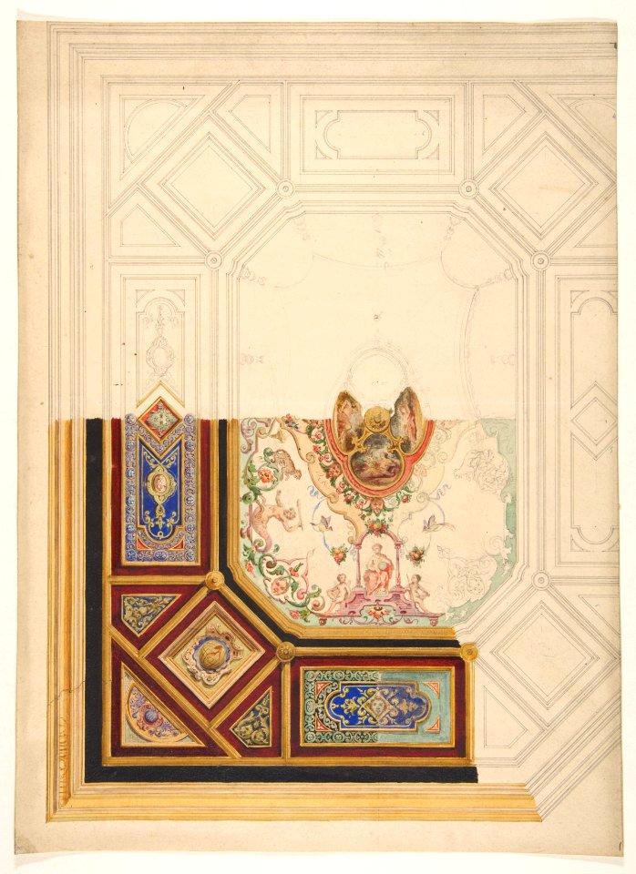 Design for a paneled ceiling to be painted in grotesque motifs MET DP811796