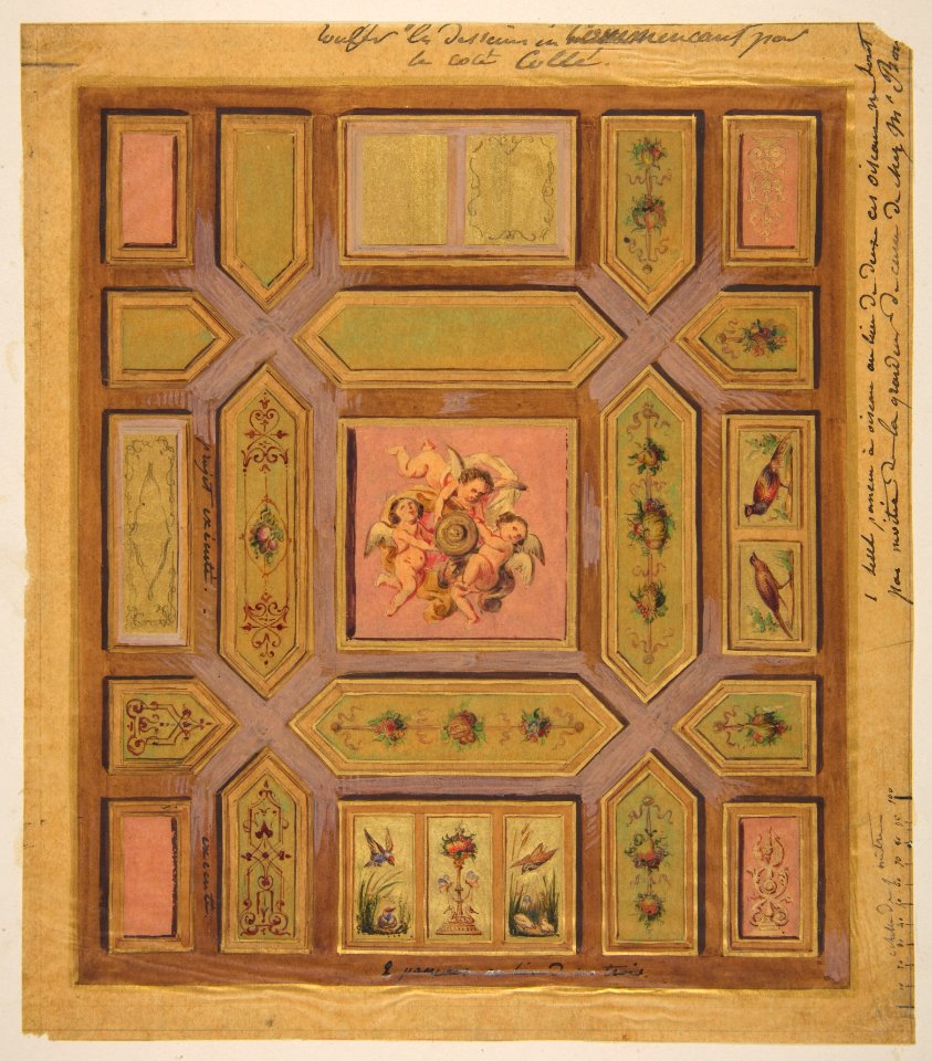 Design for a paneled ceiling painted with putti, birds, and floral motifs on tracing paper; mounted on wove paper MET DP811781