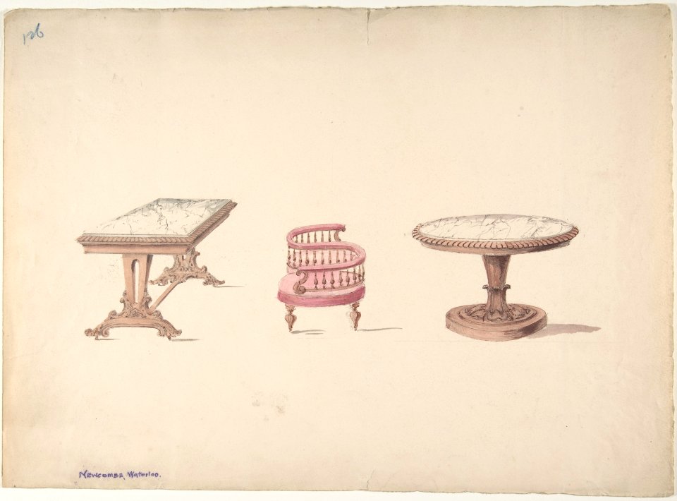 Design for a Rectangular and Round Marble-topped Tables and a Tête-à Tête Chair MET DP807010