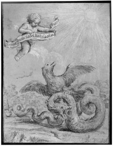 Design with an Eagle Fighting with a Serpent and a Putto in the Sky Holding an Inscribed Banner. MET MM55485