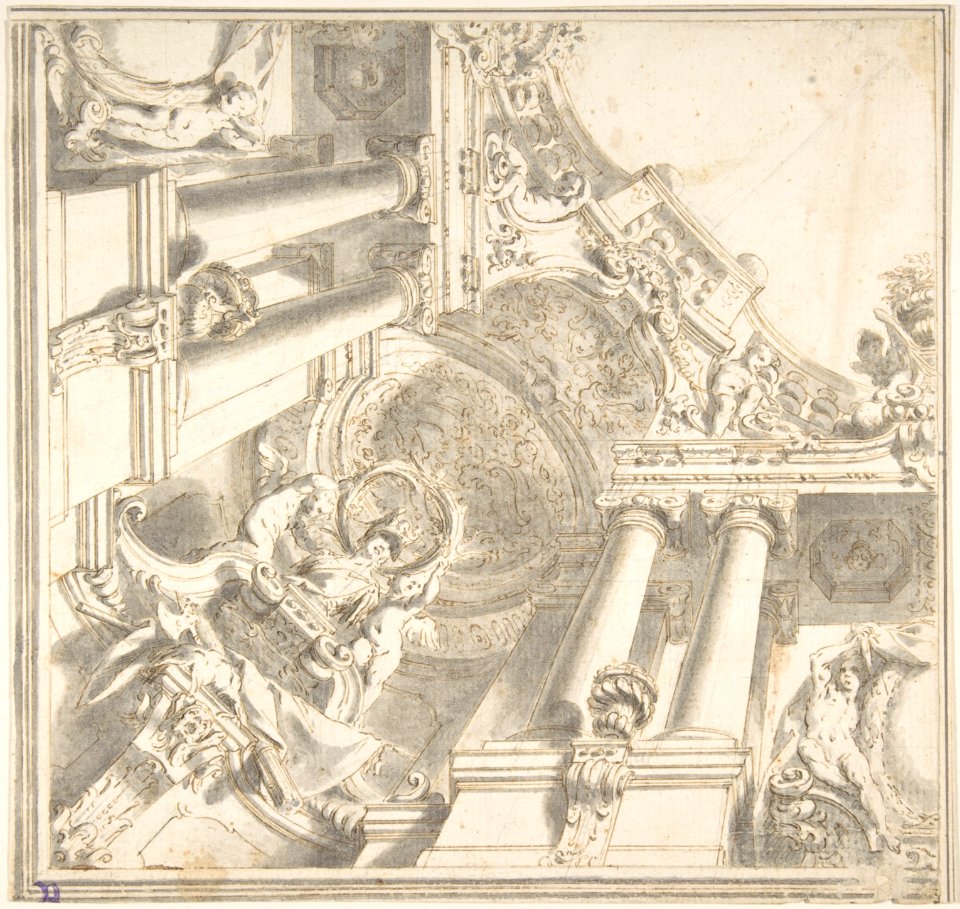 Design for a Quarter of a Trompe L'Oeil Ceiling with Architecture in the Ionic Order and a Statue of Victory MET DP808001