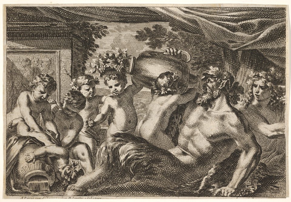 Design for a Panel with a Satyr Drinking from a Vase held up by a Putti, from- Feuillages et autres ornements MET DP834195