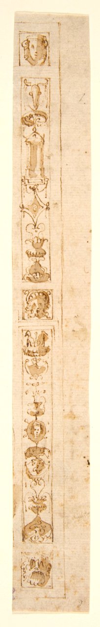 Design for a Pilaster with Two Candelabra Grotesques and Three Masks MET DP811553