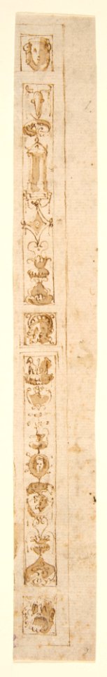 Design for a Pilaster with Two Candelabra Grotesques and Three Masks MET DP811553