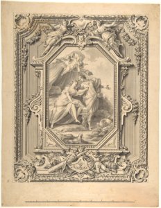 Design for a Sculptured Frame with Garlands and Statues and a Painting of Two Human Figures with Puttis inside the Frame. MET DP807992