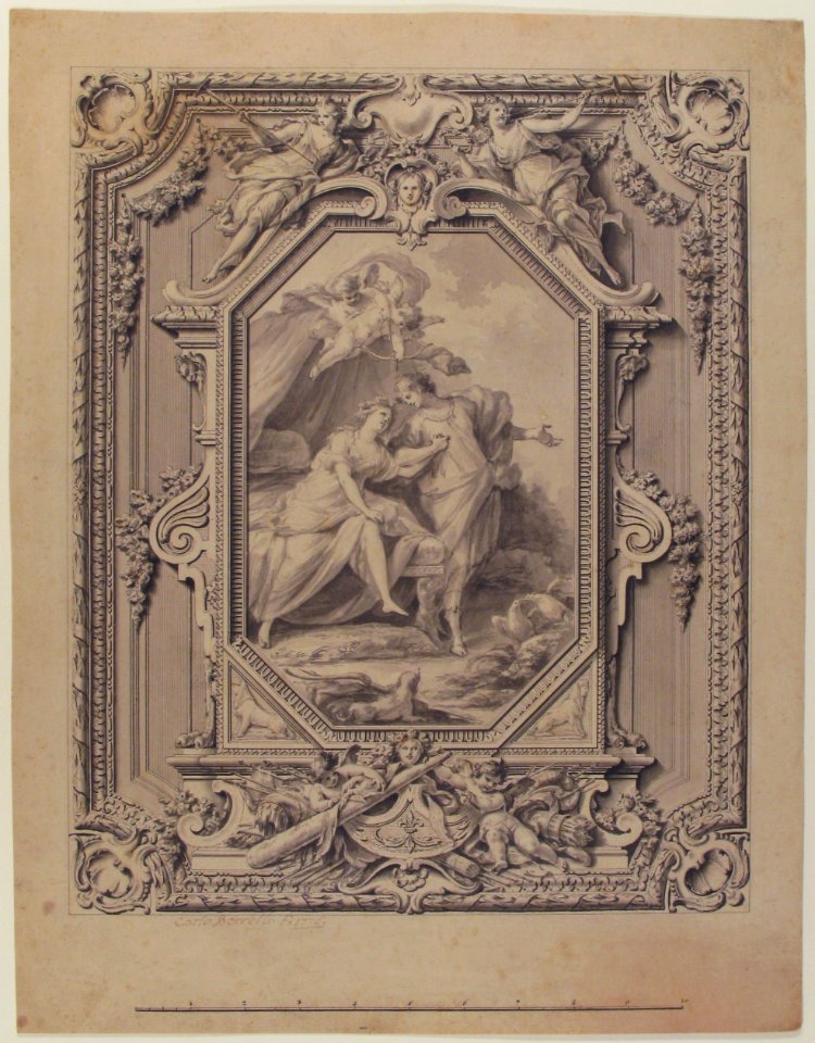 Design for a Sculptured Frame with Garlands and Statues and a Painting of Two Human Figures with Puttis inside the Frame. MET 1980.1113