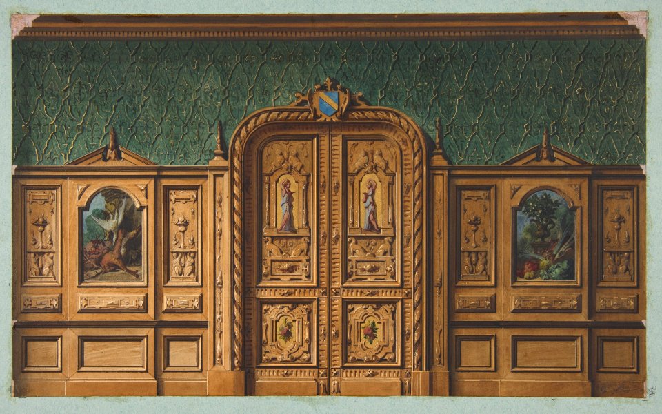 Design for a room with wood panels inset with paintings and a heavily-carved double door MET DP811570
