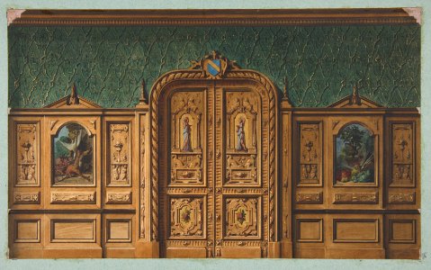 Design for a room with wood panels inset with paintings and a heavily-carved double door MET DP811570