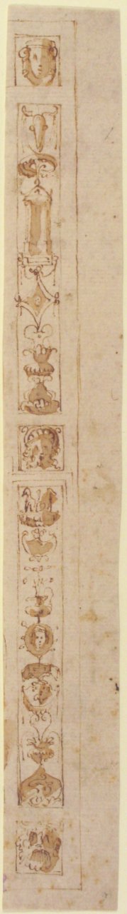 Design for a Pilaster with Two Candelabra Grotesques and Three Masks MET 52.570.27