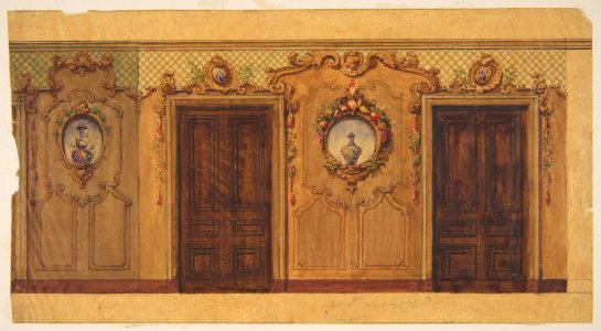Design for a room with double doors decorated with garlands of fruit and flowers, scrolls, and lattice work MET DP811574