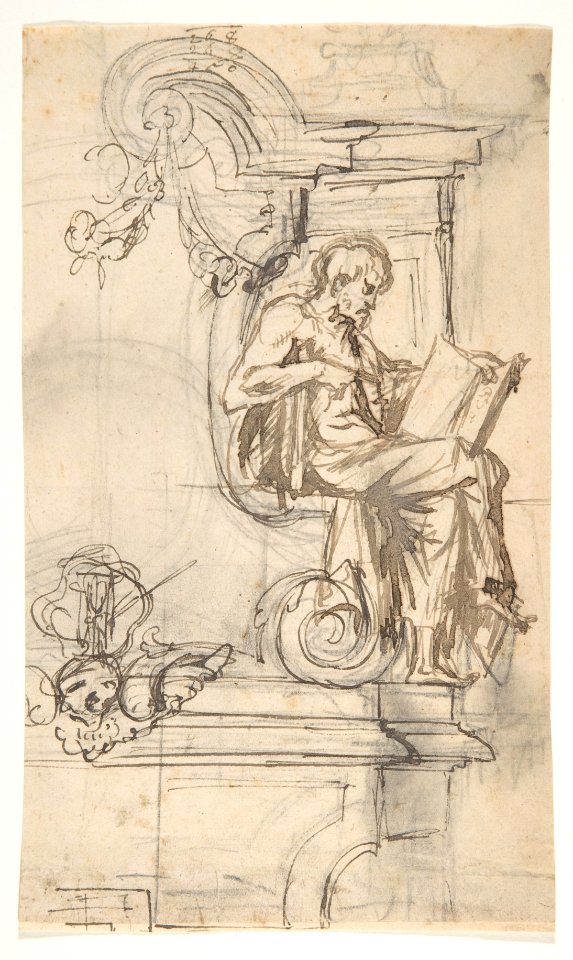 Design for a sepulchral monument with a seated prophet or philosopher; verso- Sketches MET DP808641