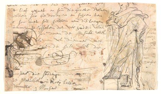 Design for a sepulchral monument with a seated female figure; verso- Design for a statue of a standing male figure and fragment of a letter MET DP808652