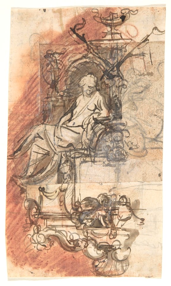 Design for a sepulchral monument with a seated female figure; verso- Design for a statue of a standing male figure and fragment of a letter MET DP808651