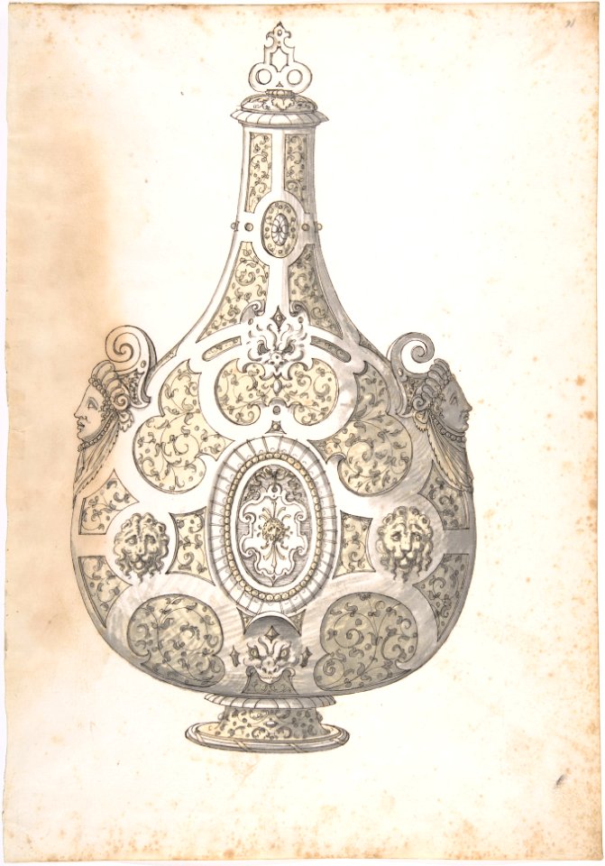 Design for a Silver- gilt Flask Decorated with Strapwork, Masks, Moresques MET DP801827