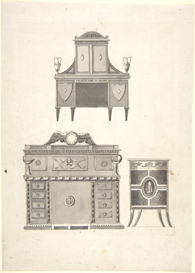 Designs for furniture in a variation on the style of Thomas Sheraton, a breakfront, a sideboard, and a low cupboard MET DP803589
