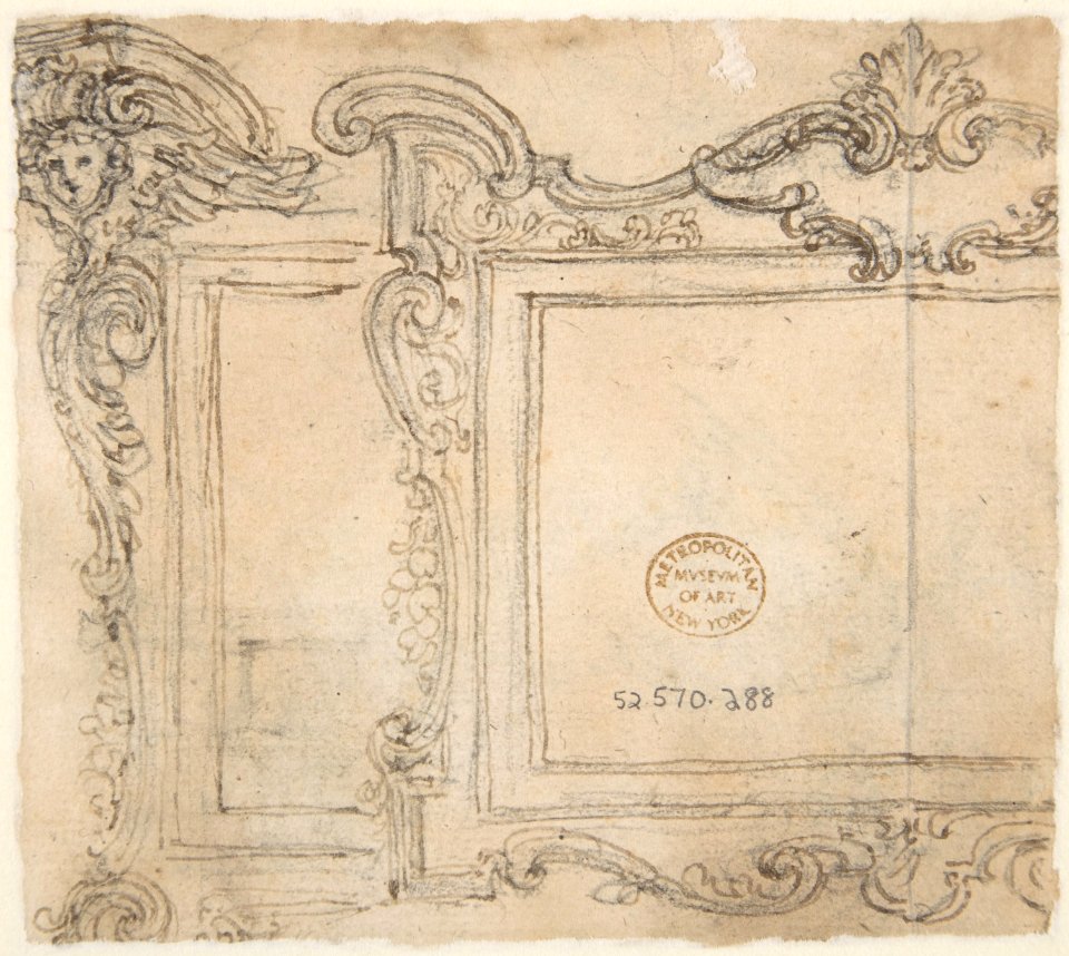 Designs for the Decoration of a Frieze and Corner Motifs (recto); Design for Two Frames Decorated with Volutes, Garlands and the Head of a Putto (verso) MET DP809614