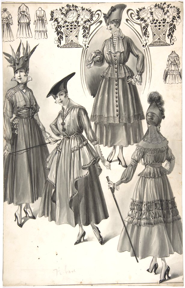 Designs for Four Women's Dresses with Full Skirts MET DP807476