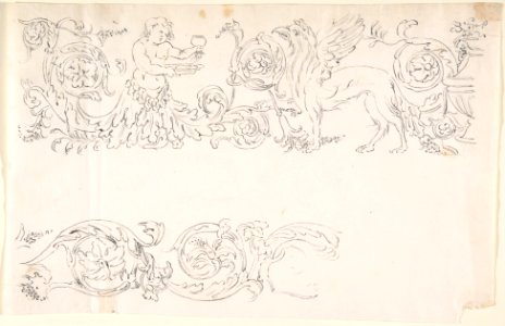 Designs for Decorative Borders with Floral Ornamentation and a Putto and Griffin MET DP802732