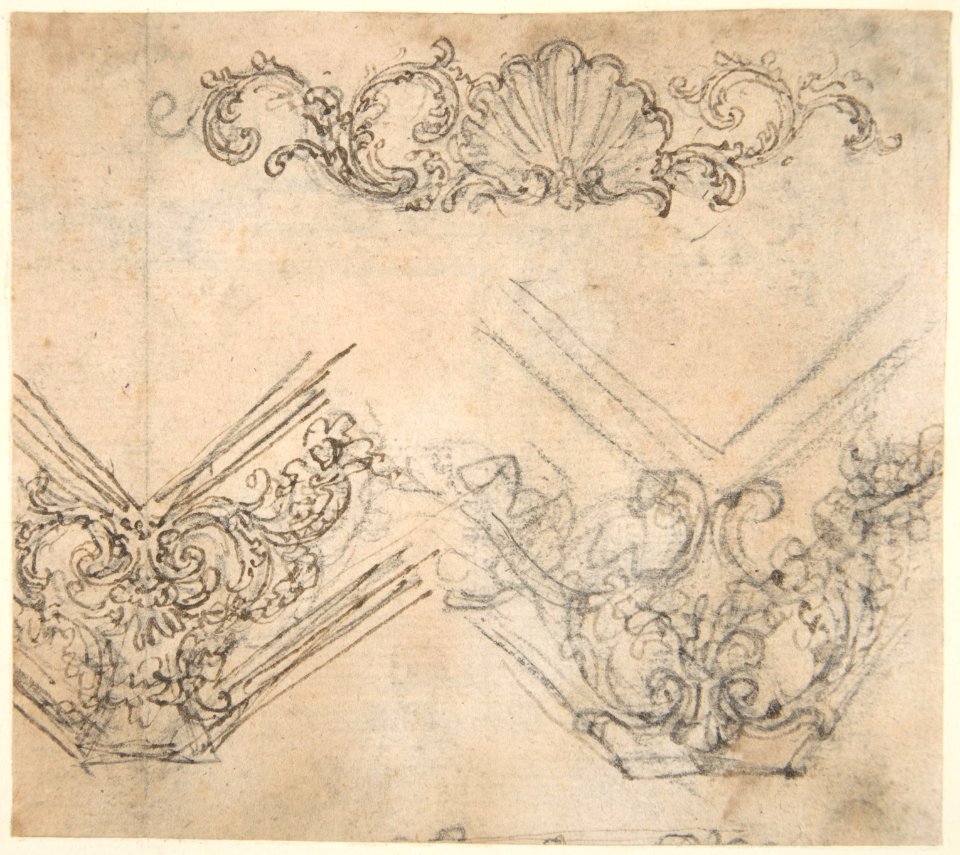 Designs for the Decoration of a Frieze and Corner Motifs (recto); Design for Two Frames Decorated with Volutes, Garlands and the Head of a Putto (verso) MET DP809613