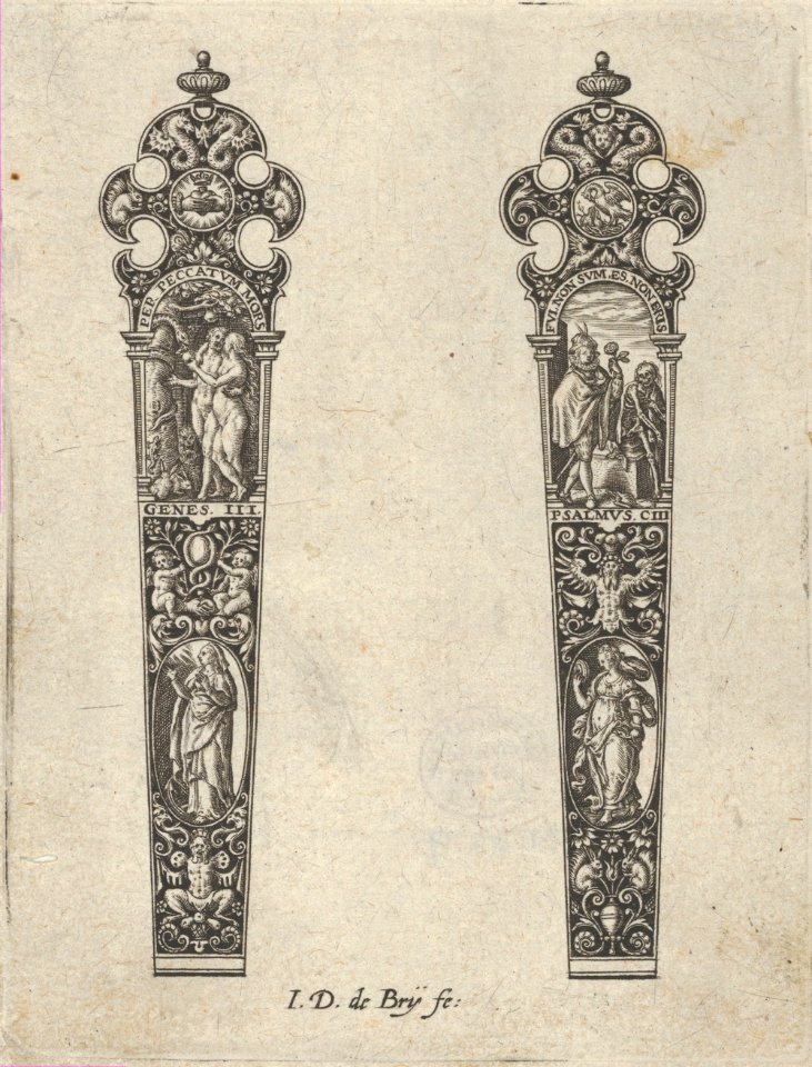 Design for Knife Handles with the Temptation of Adam and Eve and a Memento Mori Scene, Johann Theodor de Bry, between 1580 and 1600