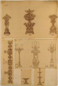 Designs for Three Planters, Three Candelabras, a Dish and a Serving Tray MET 66.631.63(a-e)