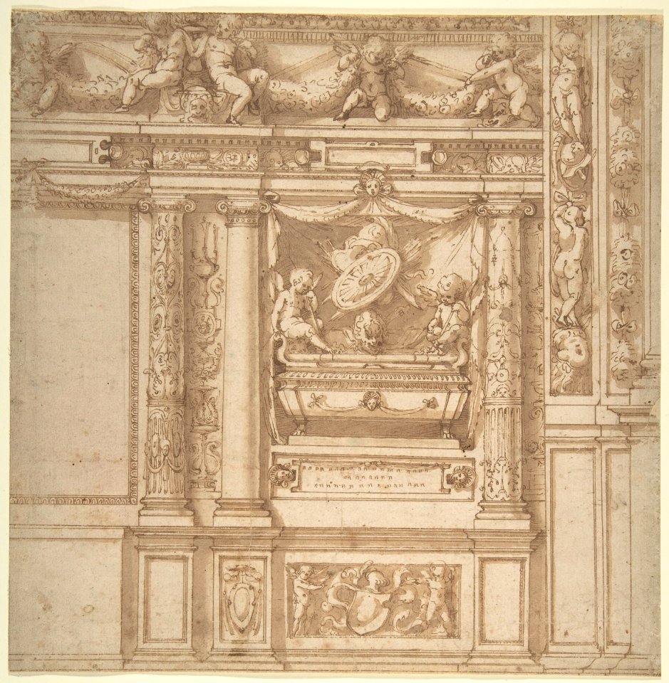 Design for Wall Decoration with a Funeral Monument Decorated with Columns and Putti Holding Garlands. MET DP802116