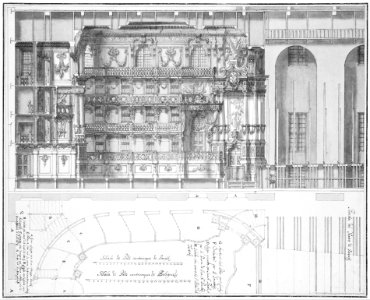 Designs for the Theater at Nancy- Longitudinal Section and Half Ground Plan MET MM52380