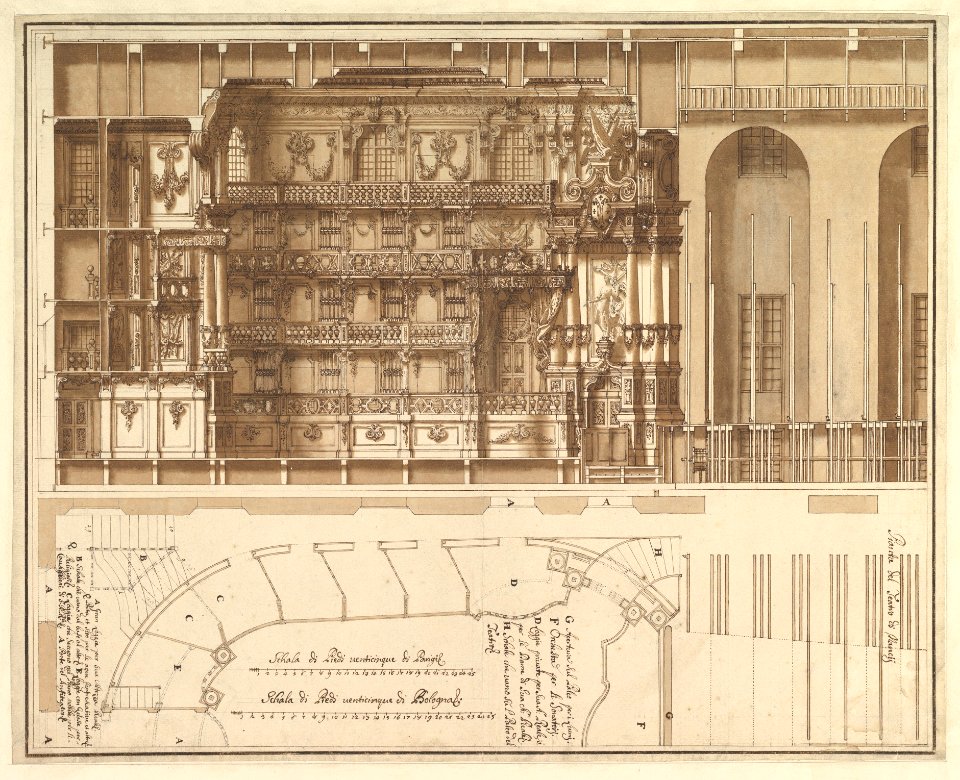 Designs for the Theater at Nancy- Longitudinal Section and Half Ground Plan MET DP820197