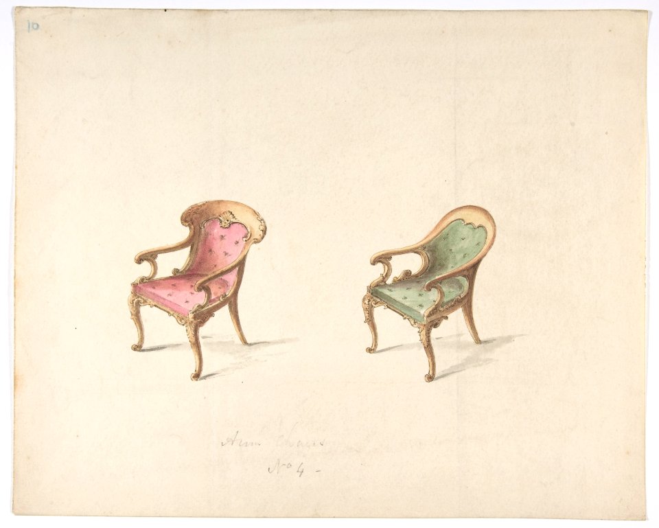 Design for Two Armchairs with Red and Green Upholstery MET DP807169