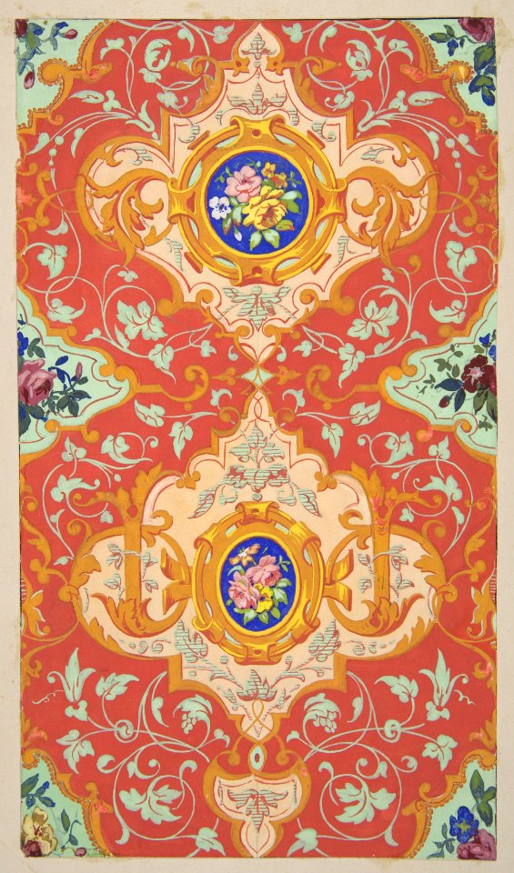 Design for wallpaper featuring strapwork, rinceaux, and cartouches filled with bouquets of roses MET DP811323