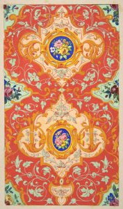 Design for wallpaper featuring strapwork, rinceaux, and cartouches filled with bouquets of roses MET DP811323