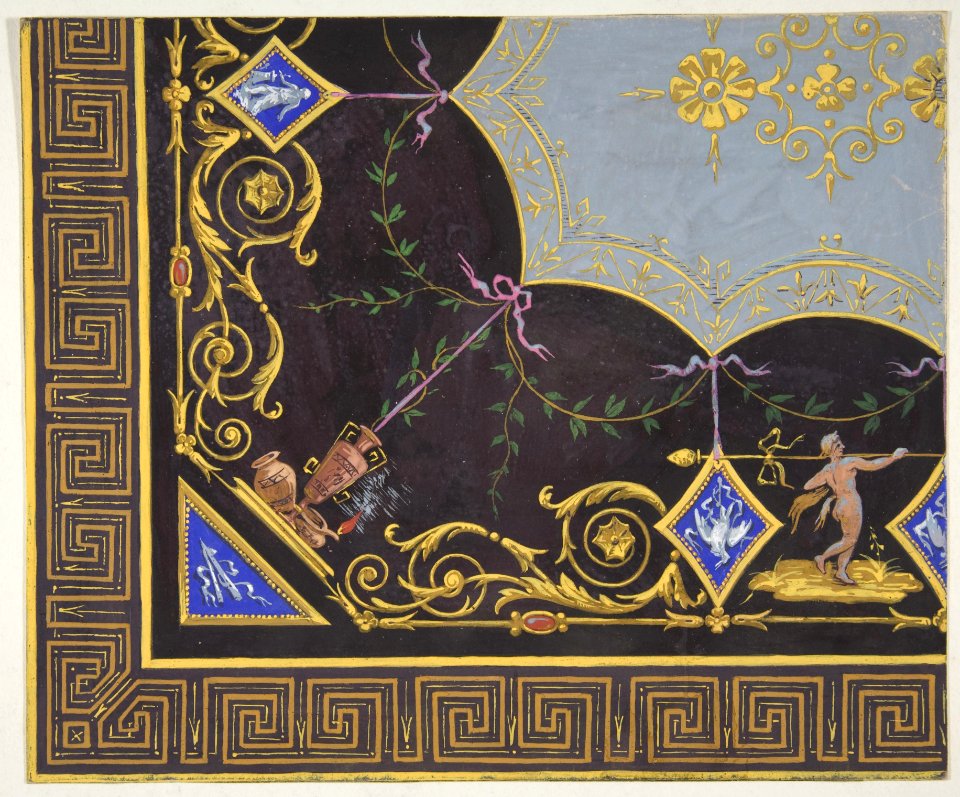 Design for wallpaper with Roman key border, rinceaux, and medallions MET DP811321