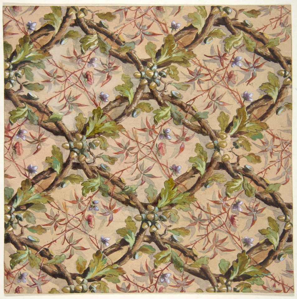 Design for wallpaper featuring oak leaves, acorns, and intertwined twigs MET DP811318