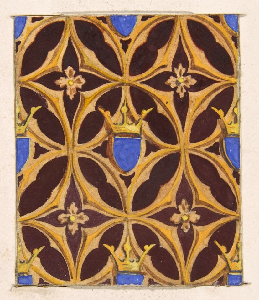 Design for wallpaper featuring blue shields surmouted by crowns MET DP811315
