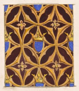 Design for wallpaper featuring blue shields surmouted by crowns MET DP811315