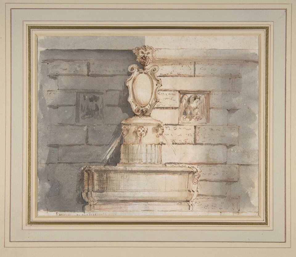 Design for a Fountain at a Street Corner Decorated with Putti Heads, a Coat of Arm and a Gargoyle Head on the Top MET DP810622