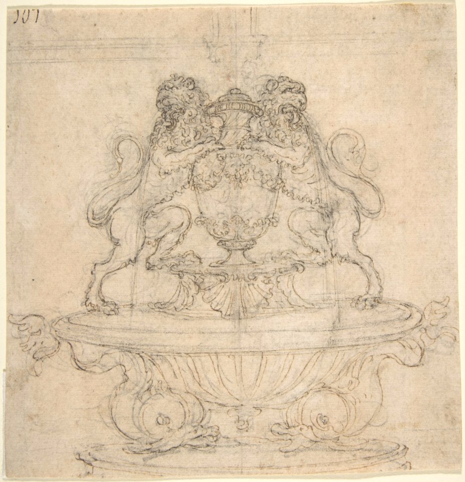 Design for a Fountain with Two Water-Spouting Lions (recto); Sketch for Triumph of Galatea -?- (verso). MET DP809641