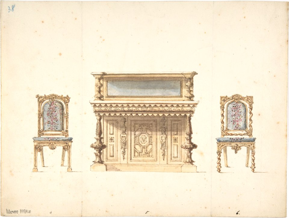 Design for a Mirrored Cabinet and Two Chairs MET DP807129
