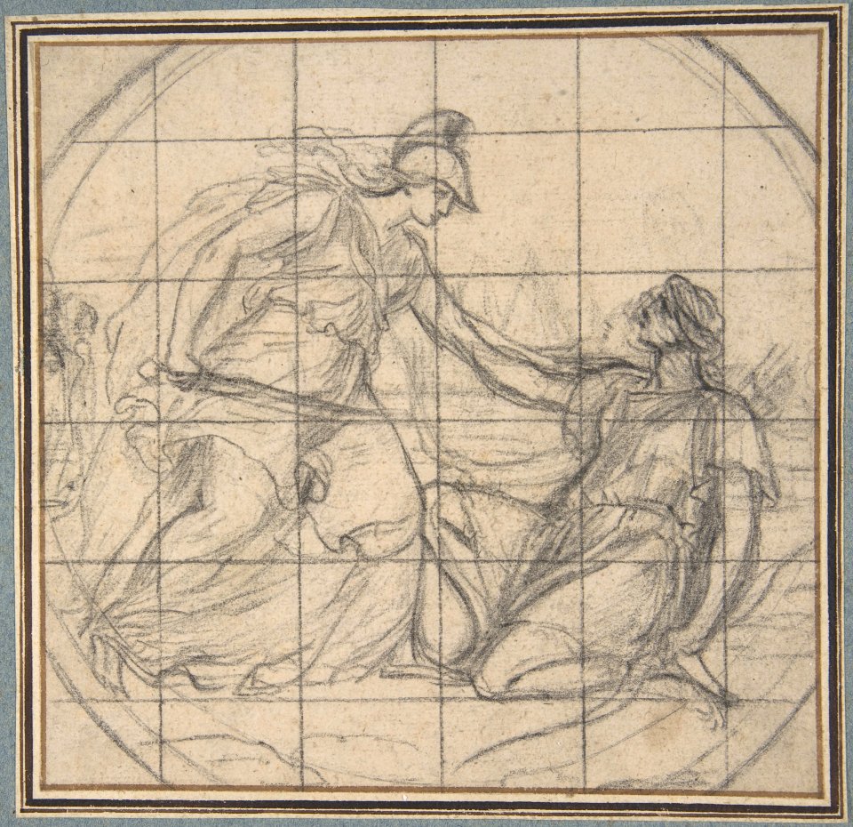 Design for a Medallion- Huntress Kneeling before an Armed Goddess MET DP807586