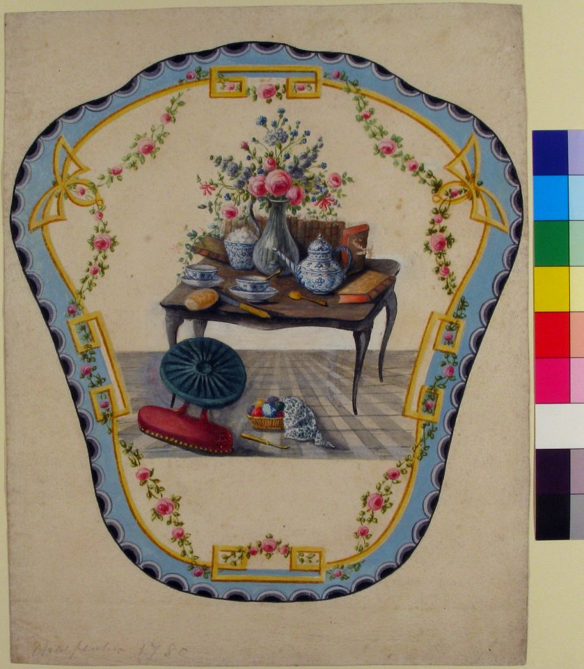 Design for a Firescreen with a Table with a Vase of Flowers, Books, and Teapot MET 66.551.29