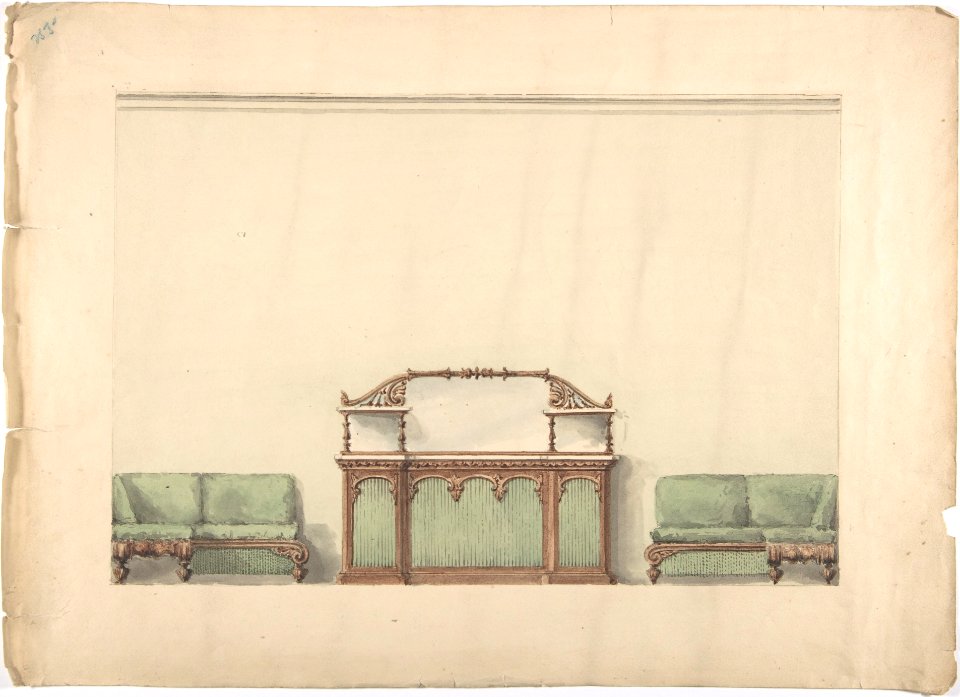 Design for a Mirrored, Marble-topped Cabinet and Two Sofas MET DP807305