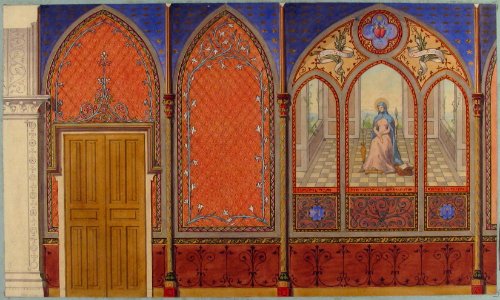 Elevation of a Church or Chapel with designs for ornament and a painted triptych of the Virgin Mary MET 67.827.200