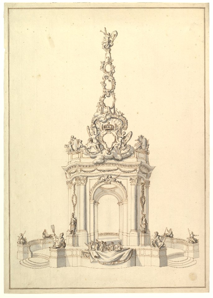 Design for a Festival Monument- Base Holds a Small Orchestra; Triumphal Arch Surmounted by a Cartouche-Decorated Pyramid with Figure of Fame, below, a Royal Crown. MET DP820198