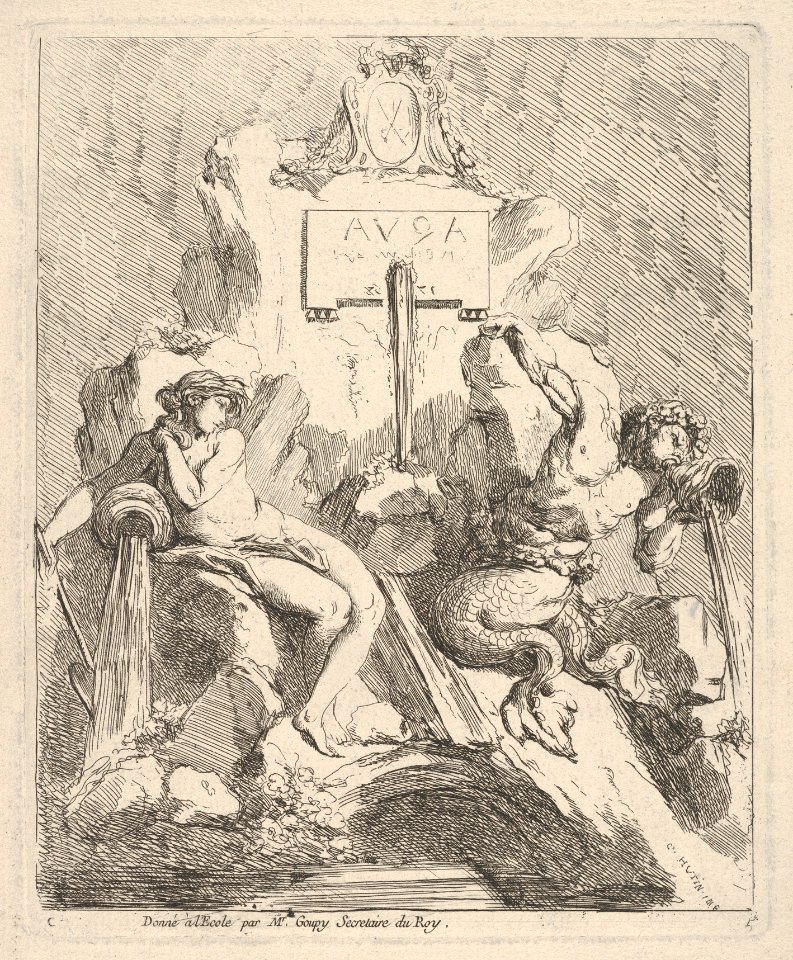 Design for a fountain with a seated nymph at left and triton holding a shell to his mouth at right MET DP830374