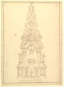 Elevation of a Catafalque- the Central Part Comprised of a Series of Steps to Top; with Statues and Central Cartouche with a Figural Scene- a Figure Kneeling before Virgin and Child (?) MET DP820172
